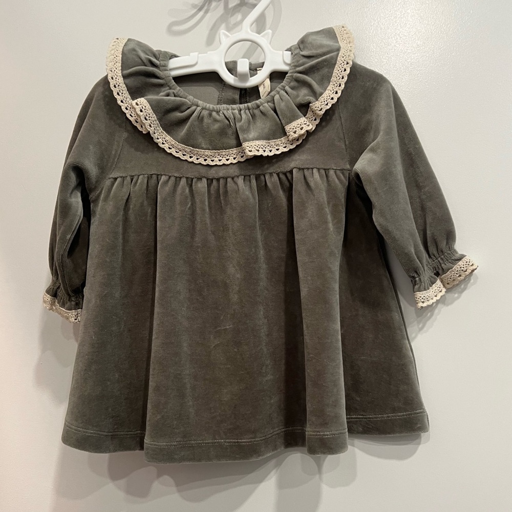 Quincy Mae Gray/Greenish Velvet Dress with Cream Lace